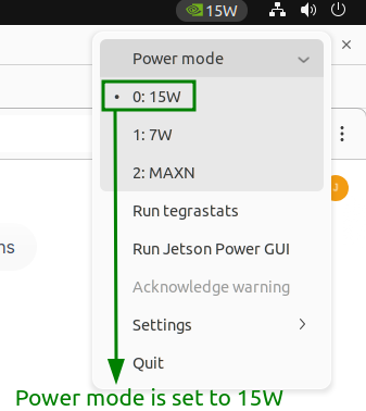Figure shows Power Mode Selection Tool on Jetson Orin Nano Developer Kit Desktop.